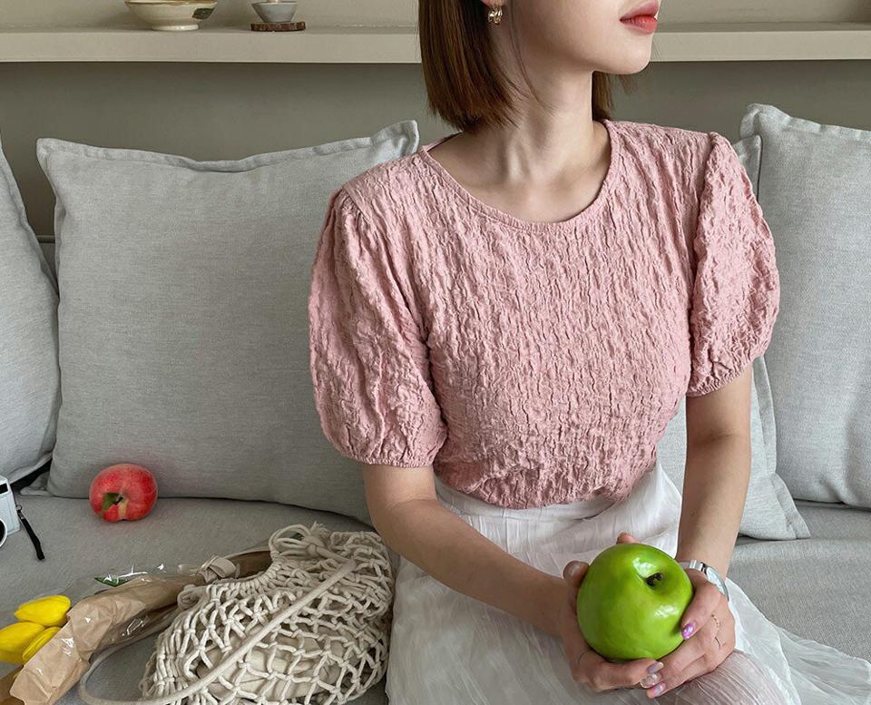 リンクルパフブラウス・全3色・t62308 レディース 【bl】【トップス ブラウス 半袖 ハーフスリーブ パフ袖 パフスリーブ リンクル 単色 シンプル 可愛い かわいい 春 夏 韓国 ファッション】