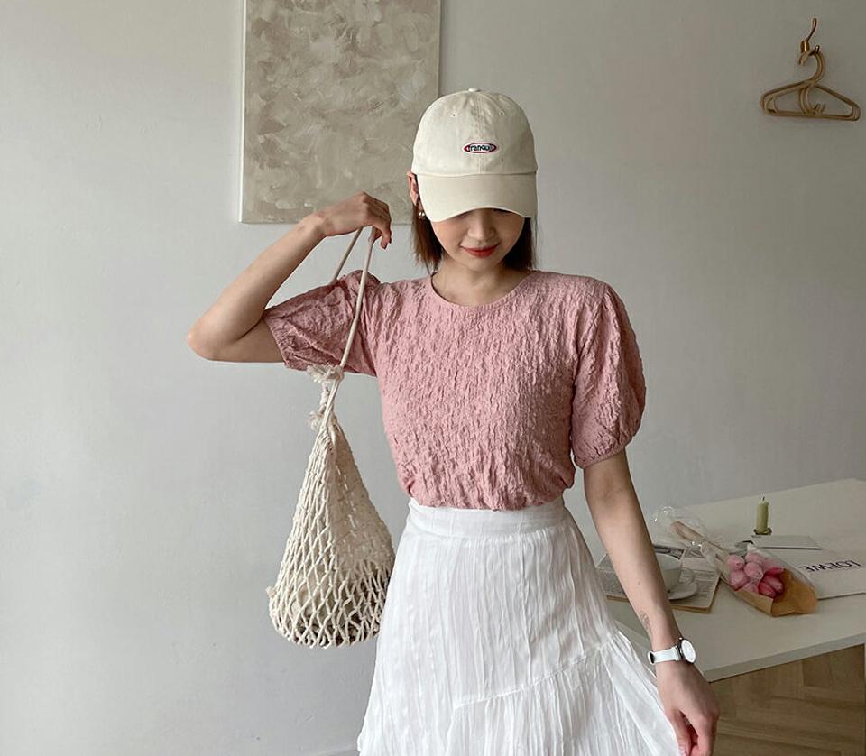 リンクルパフブラウス・全3色・t62308 レディース 【bl】【トップス ブラウス 半袖 ハーフスリーブ パフ袖 パフスリーブ リンクル 単色 シンプル 可愛い かわいい 春 夏 韓国 ファッション】