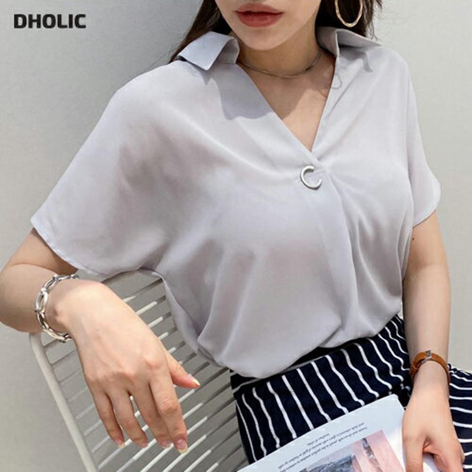 シルバーリングカラーブラウス・全3色・t68957 レディース 【bl】 韓国 ファッション トップス ブラウス デコルテ Vネック オープンカラー 開襟 半袖 ハーフスリーブ 仕事 オフィス パステルカラー カジュアル 夏 春 ハイホリ