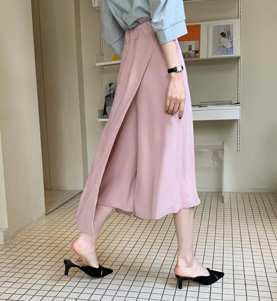 ラップ調ワイドスカートパンツ・全3色・b69008 レディース 【pt】 韓国 ファッション ボトムス パンツ ロング丈 クロップド丈 ワイド シアー 薄手 フレア スカンツ 無地 シフォン 大人 きれいめ カジュアル 夏 春 ハイホリ
