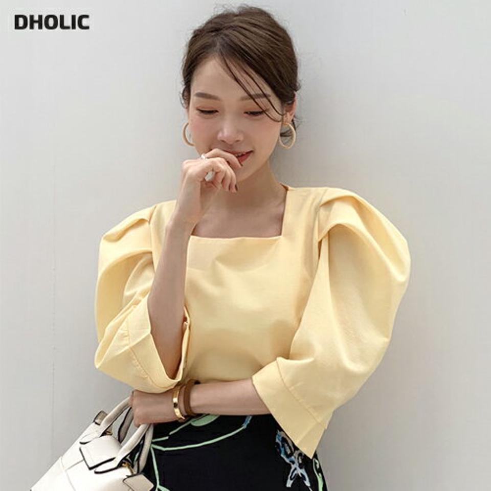 スクエアパフブラウス・全4色・t68960 レディース 【bl】 韓国 ファッション トップス ブラウス デコルテ スクエアネック 半袖 ハーフスリーブ 五分袖 パフスリーブ ぼわん袖 ボリューム袖 無地 ガーリー パステルカラー カジュアル 夏 春 ハイホリ