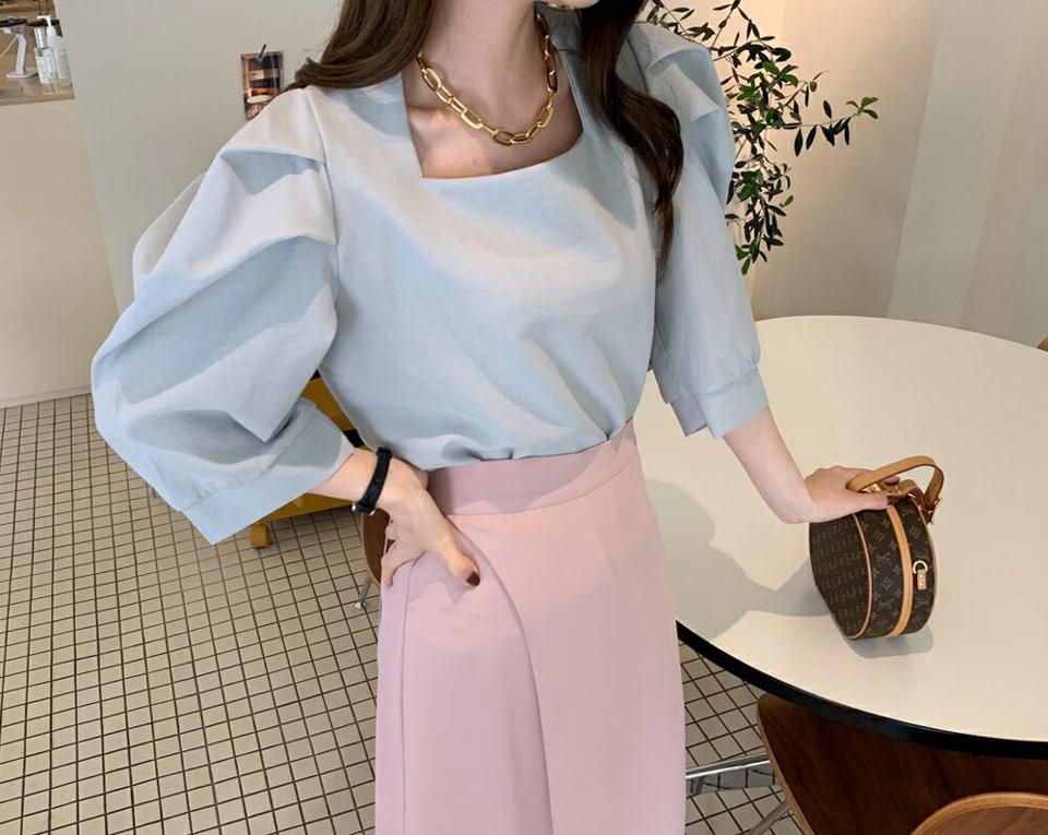 スクエアパフブラウス・全4色・t68960 レディース 【bl】 韓国 ファッション トップス ブラウス デコルテ スクエアネック 半袖 ハーフスリーブ 五分袖 パフスリーブ ぼわん袖 ボリューム袖 無地 ガーリー パステルカラー カジュアル 夏 春 ハイホリ