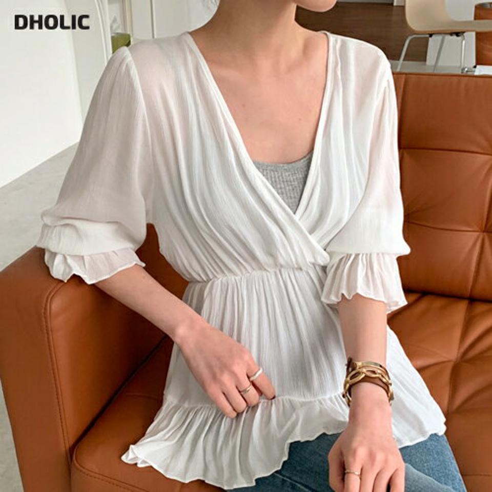 Vネックギャザーブラウス・全3色・t68961 レディース 【bl】 韓国 ファッション トップス ブラウス デコルテ Vネック 半袖 ハーフスリーブ 五分袖 パフスリーブ ぼわん袖 ボリューム袖 無地 ガーリー ペプラム フレア カジュアル 夏 春 ハイホリ