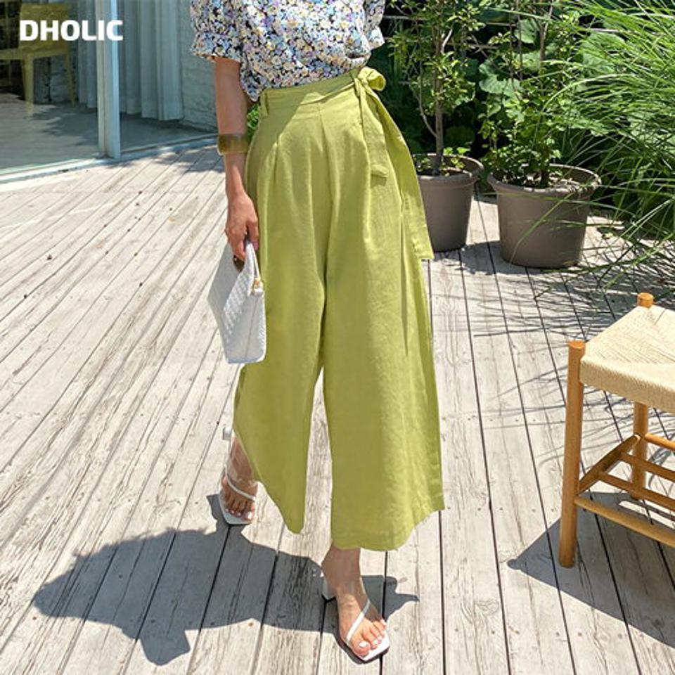 ストラップ付リネン混フレアパンツ・全3色・e62290 レディース 【pt】 パンツ ズボン ロングパンツ フレア リネン 単色 無地 ストラップ スカンツ カラーパンツ 黄緑 春 夏 韓国ファッション