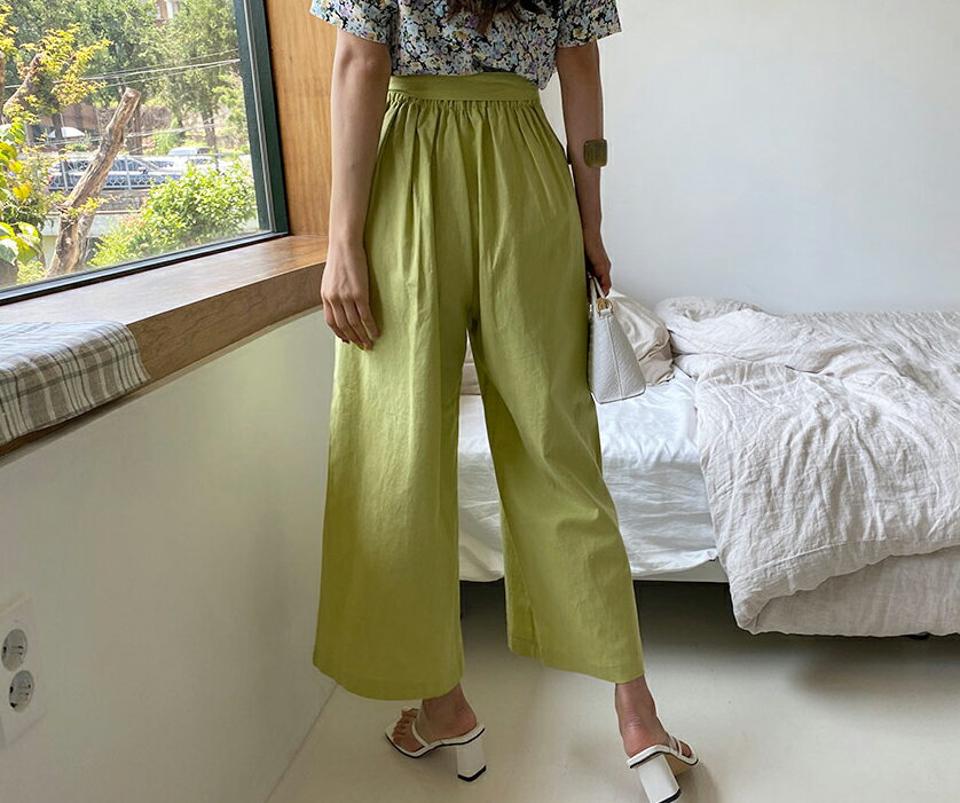ストラップ付リネン混フレアパンツ・全3色・e62290 レディース 【pt】 パンツ ズボン ロングパンツ フレア リネン 単色 無地 ストラップ スカンツ カラーパンツ 黄緑 春 夏 韓国ファッション