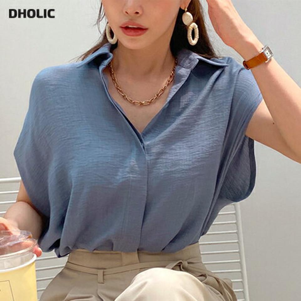 ルーズフレンチスリーブブラウス・全4色・t68959 レディース 【bl】 韓国 ファッション トップス ブラウス デコルテ Vネック 半袖 ショートスリーブ カラー 襟 無地 仕事 オフィス 大人 シアー カジュアル 夏 春 ハイホリ