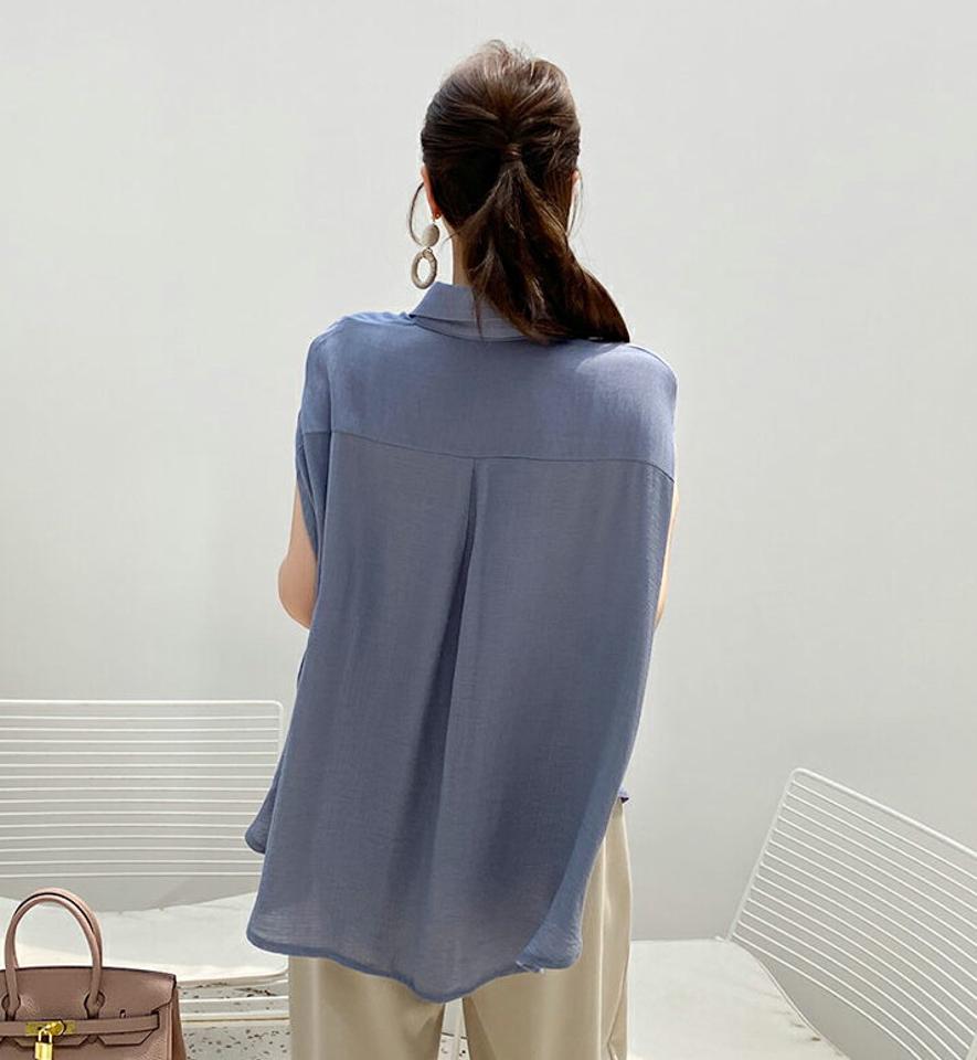 ルーズフレンチスリーブブラウス・全4色・t68959 レディース 【bl】 韓国 ファッション トップス ブラウス デコルテ Vネック 半袖 ショートスリーブ カラー 襟 無地 仕事 オフィス 大人 シアー カジュアル 夏 春 ハイホリ