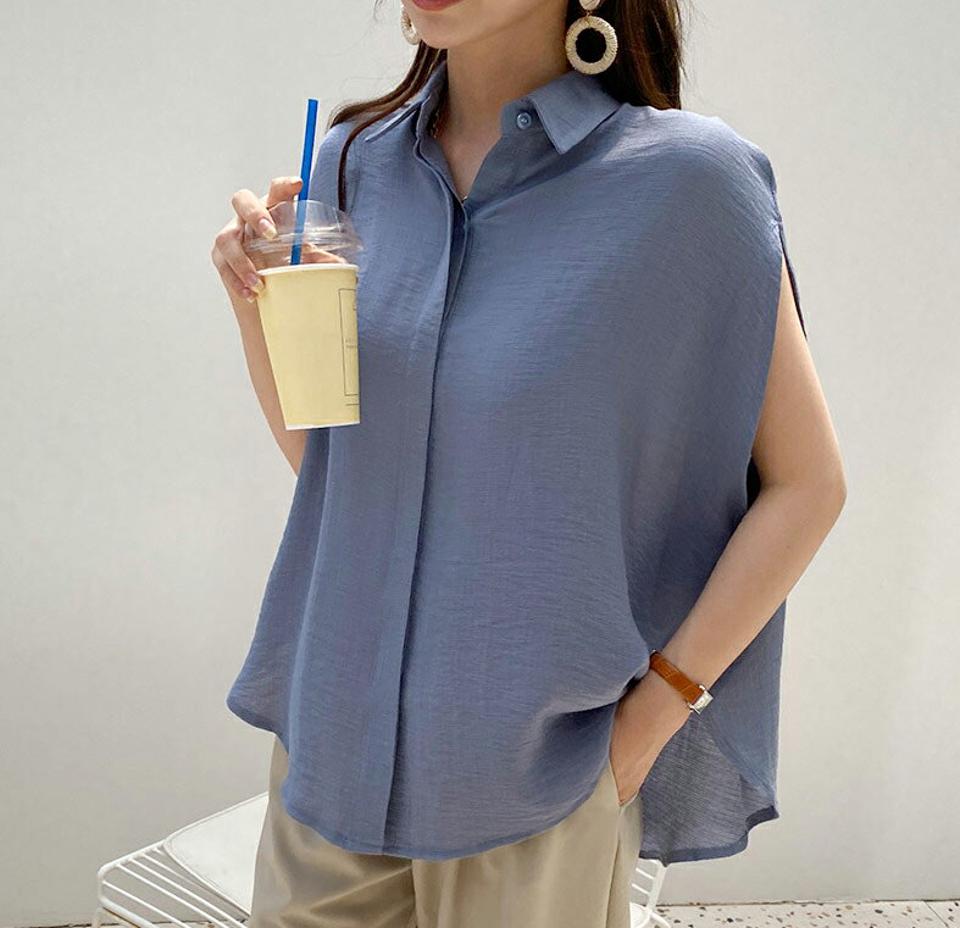 ルーズフレンチスリーブブラウス・全4色・t68959 レディース 【bl】 韓国 ファッション トップス ブラウス デコルテ Vネック 半袖 ショートスリーブ カラー 襟 無地 仕事 オフィス 大人 シアー カジュアル 夏 春 ハイホリ