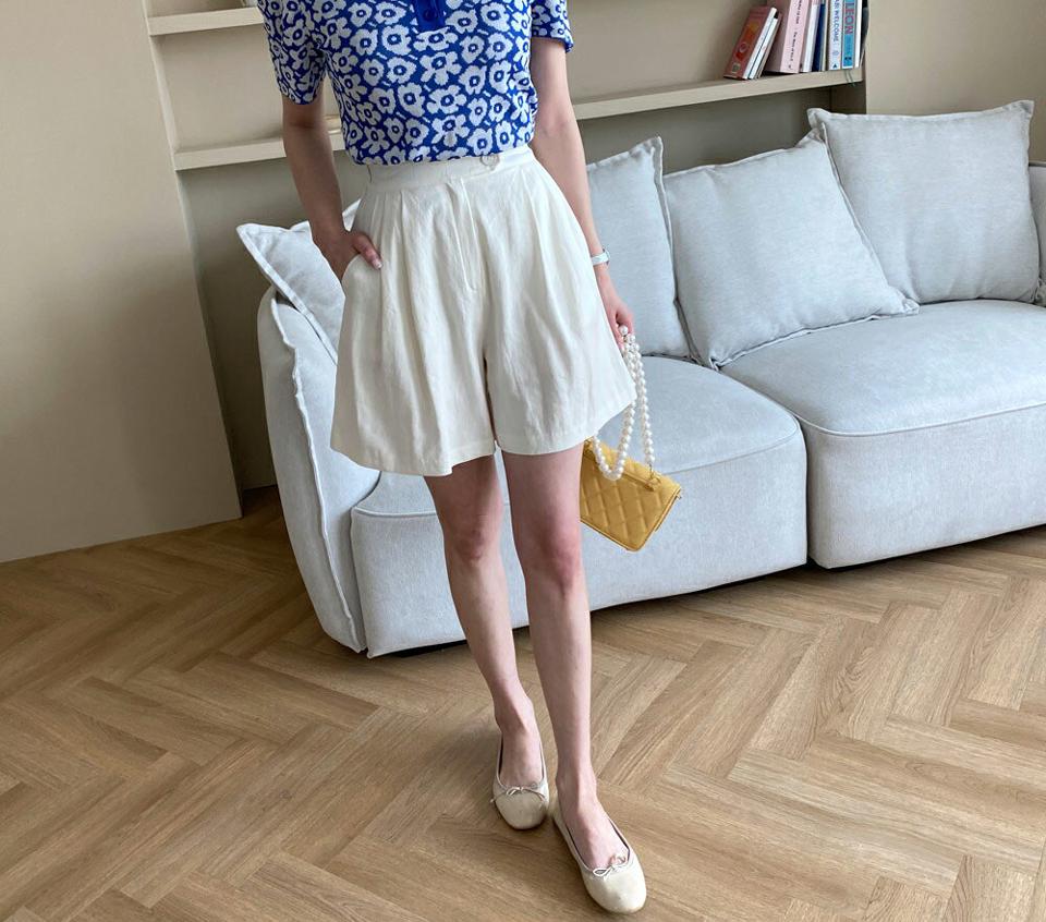 リネン混ハーフワイドパンツ・全3色・b62321 レディース 【pt】 パンツ ズボン ハーフパンツ ショートパンツ 短パン 単色 無地 シンプル ワイド 大人 リネン カジュアル ラフ 春 夏 韓国 ファッション