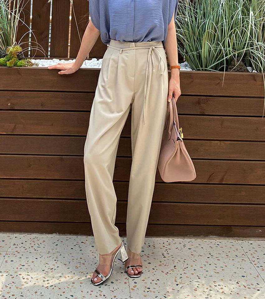 ストラップ付ワイドスラックス・全3色・t69007 レディース 【pt】 韓国 ファッション ボトムス パンツ ロング丈 フールレングス 十分丈 10分丈 ストレート ワイド ハイウエスト カジュアル 夏 春 ハイホリ