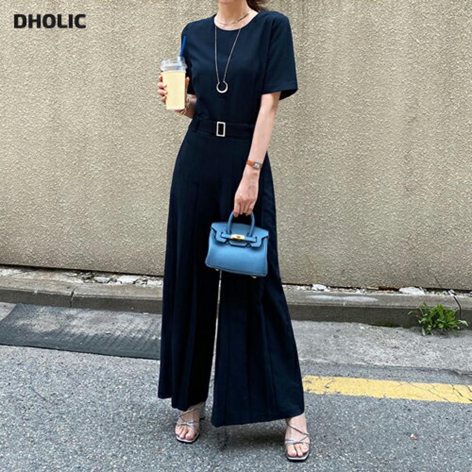 ベルト付プリーツオールインワン・全2色・b68972 レディース 【pt】 韓国 ファッション オールインワン ジャンプスーツ つなぎ ラウンドネック 半袖 五分袖 ワイドパンツ 無地 大人 フレアパンツ カジュアル 夏 春 ハイホリ