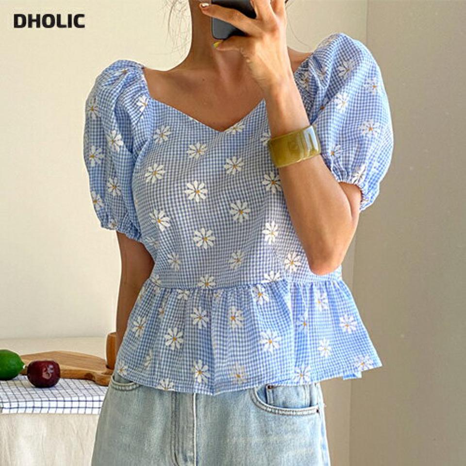 フラワーハートネックブラウス・全3色・t62271 レディース 【bl】 トップス ブラウス 半袖 ハーフスリーブ 花柄 チェック柄 ギンガムチェック ハートネック ガーリー フリルヘム 春 夏 韓国 ファッション