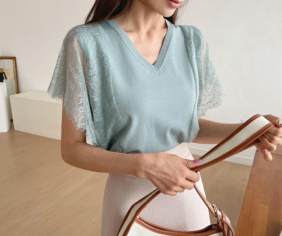 サイドレースVネックニット・全3色・b62312 レディース 【tops】 トップス ニット ニットトップス Vネック レース 透け感 シアー シースルー フェミニン 袖コンシャス 上品 春 夏 韓国 ファッション