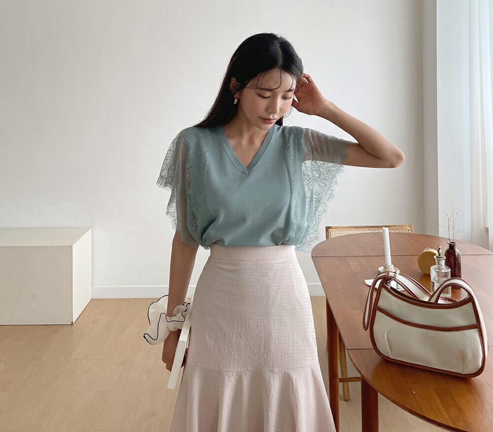 サイドレースVネックニット・全3色・b62312 レディース 【tops】 トップス ニット ニットトップス Vネック レース 透け感 シアー シースルー フェミニン 袖コンシャス 上品 春 夏 韓国 ファッション