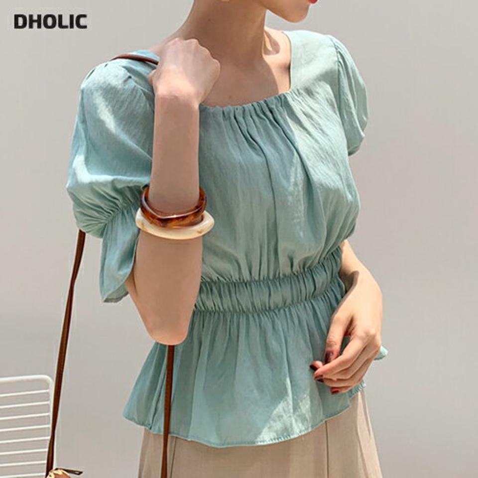 スクエアゴムフレアブラウス・全4色・t68962 レディース 【bl】 韓国 ファッション トップス ブラウス デコルテ スクエアネック 半袖 ハーフスリーブ 五分袖 パフスリーブ ぼわん袖 ボリューム袖 無地 ガーリー ペプラム カジュアル 夏 春 ハイホリ