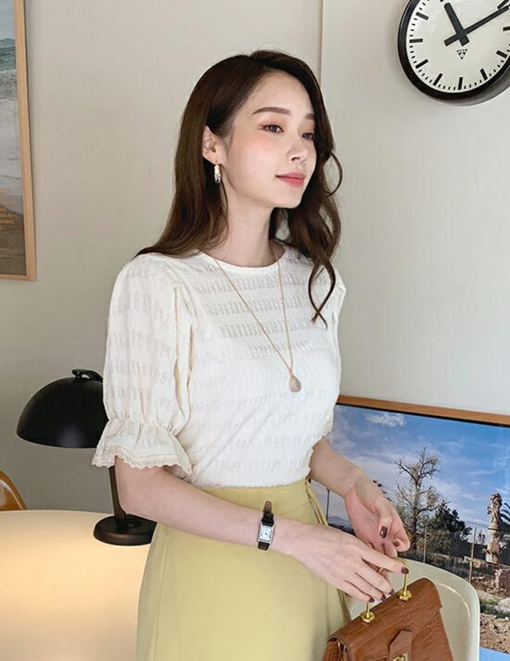 レースパフラウンドブラウス・全4色・t68963 レディース 【bl】 韓国 ファッション トップス ブラウス ラウンドネック クルーネック 半袖 ハーフスリーブ 五分袖 パフスリーブ ぼわん袖 ボリューム袖 無地 ガーリー カジュアル 夏 春 ハイホリ