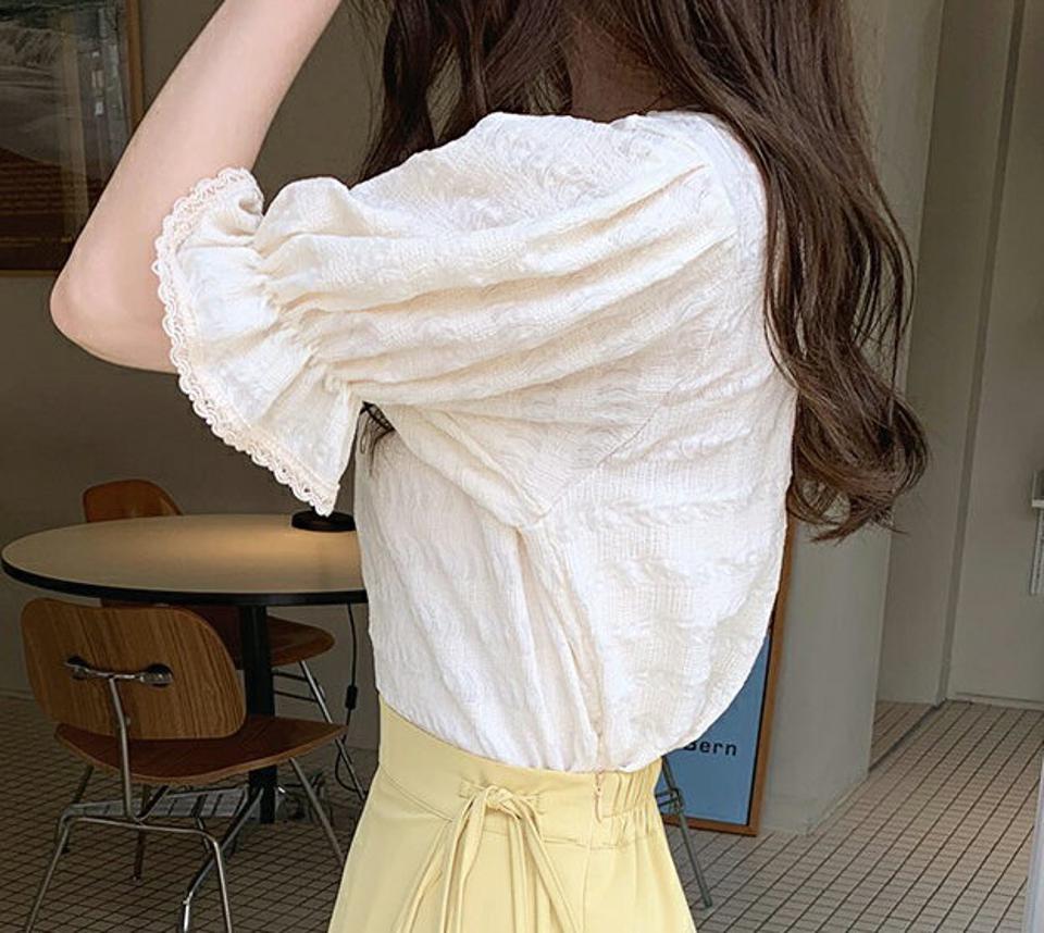 レースパフラウンドブラウス・全4色・t68963 レディース 【bl】 韓国 ファッション トップス ブラウス ラウンドネック クルーネック 半袖 ハーフスリーブ 五分袖 パフスリーブ ぼわん袖 ボリューム袖 無地 ガーリー カジュアル 夏 春 ハイホリ