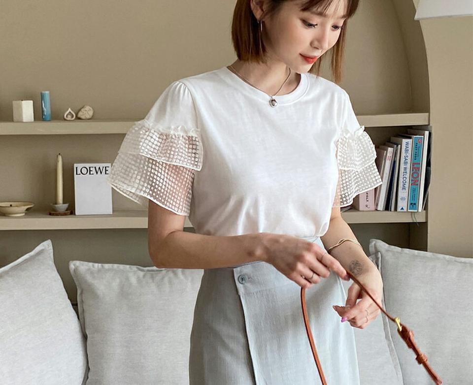 ドットフレアスリーブTシャツ・全3色・t62306 レディース 【tops】 トップス Tシャツ 半袖 ドット柄 フレアスリーブ シフォン ガーリー 可愛い かわいい 透け感 シアー シースルー 春 夏 韓国 ファッション