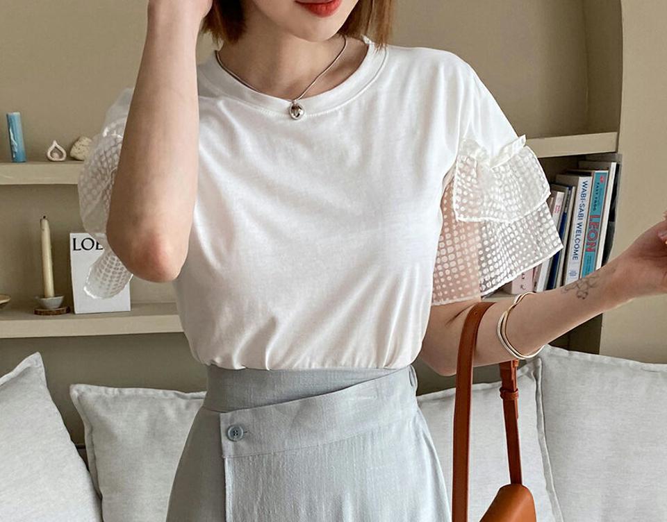 ドットフレアスリーブTシャツ・全3色・t62306 レディース 【tops】 トップス Tシャツ 半袖 ドット柄 フレアスリーブ シフォン ガーリー 可愛い かわいい 透け感 シアー シースルー 春 夏 韓国 ファッション