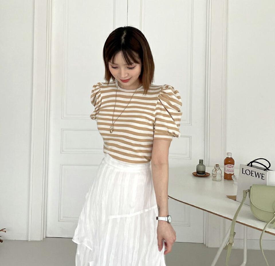 ボーダーパフTシャツ・全3色・t62304 レディース 【tops】 トップス Tシャツ 半袖 パフ袖 パフスリーブ ボーダー柄 可愛い かわいい カジュアル 春 夏 韓国ファッション