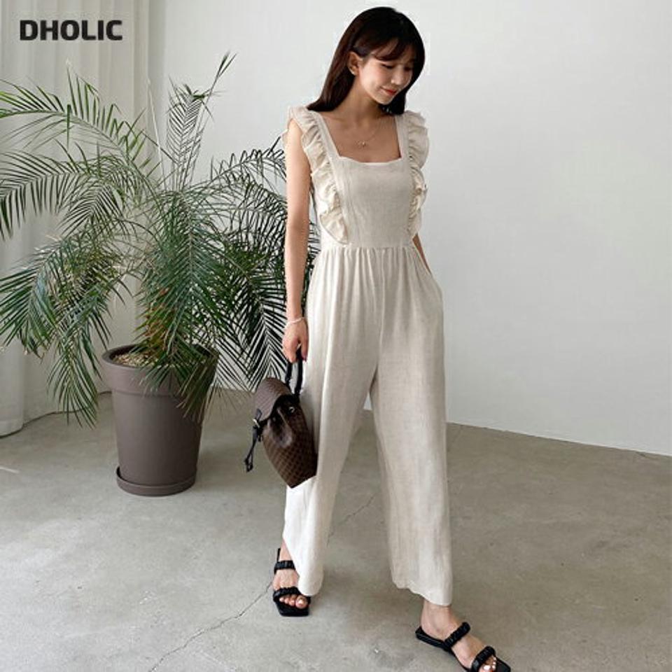 リネン混フリルオールインワン・全3色・e62280 レディース 【pt】 オールインワン スリーブレス ノースリーブ パンツ ズボン ロングパンツ フリル リネン 可愛い かわいい ガーリー 単色 春 夏 韓国ファッション