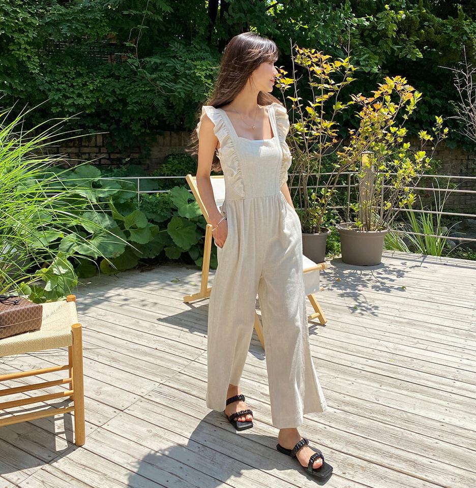 リネン混フリルオールインワン・全3色・e62280 レディース 【pt】 オールインワン スリーブレス ノースリーブ パンツ ズボン ロングパンツ フリル リネン 可愛い かわいい ガーリー 単色 春 夏 韓国ファッション