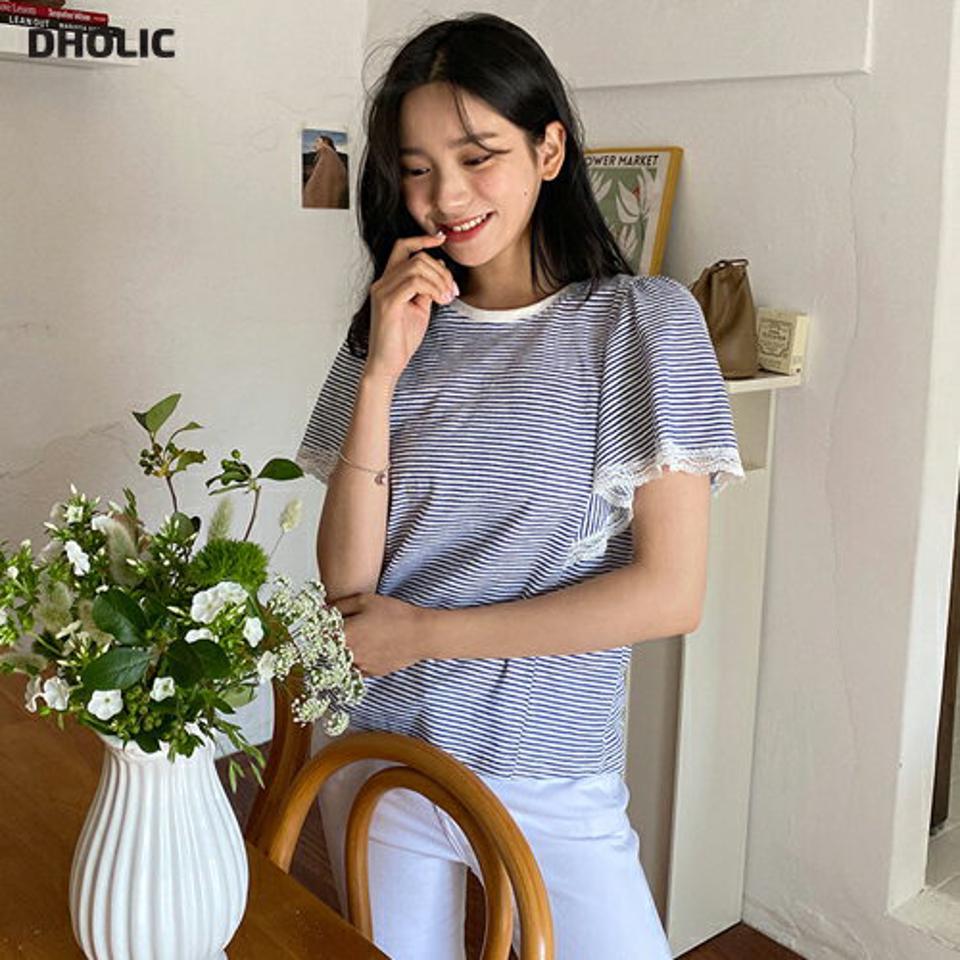 レースラッフルボーダーTシャツ・全3色・t00051 レディース 【tops】 トップス Tシャツ 半袖 ハーフスリーブ レース ラッフル ボーダー柄 カジュアル 可愛い かわいい 春 夏 韓国 ファッション NIJU