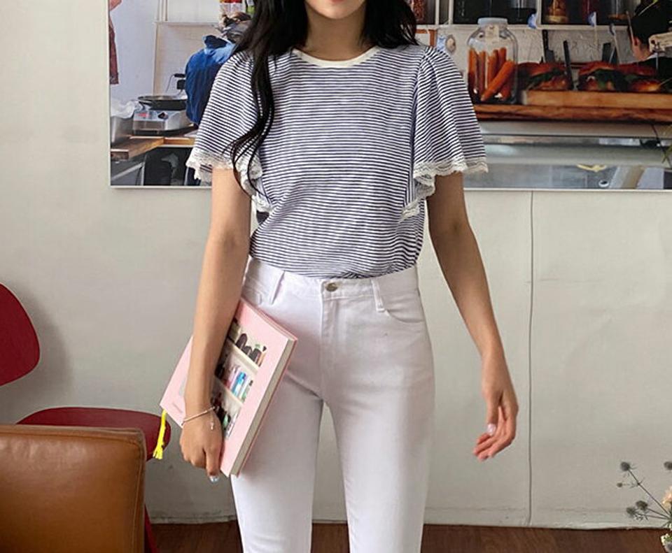 レースラッフルボーダーTシャツ・全3色・t00051 レディース 【tops】 トップス Tシャツ 半袖 ハーフスリーブ レース ラッフル ボーダー柄 カジュアル 可愛い かわいい 春 夏 韓国 ファッション NIJU