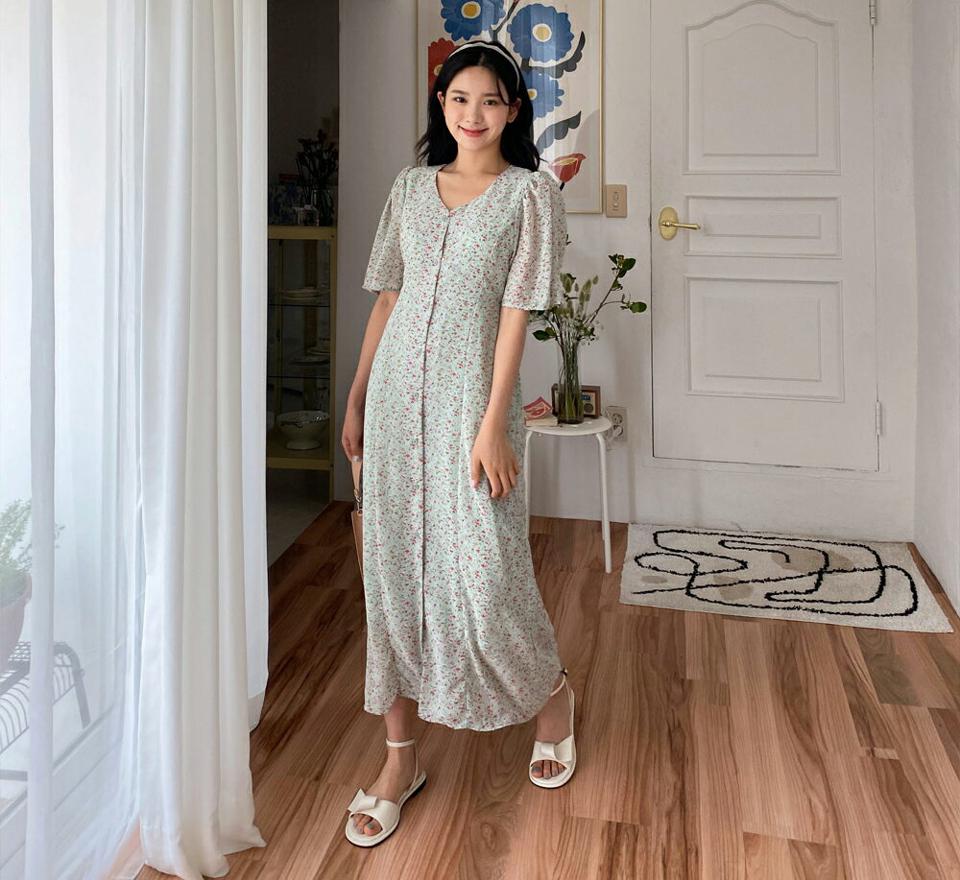 花柄リボンボタンワンピース・全2色・t00086 レディース 【ops】 ワンピース ロング 半袖 ハーフスリーブ 花柄 小花柄 可愛い かわいい フェミニン Vネック ウエストマーク 春 夏 韓国 ファッション NIJU