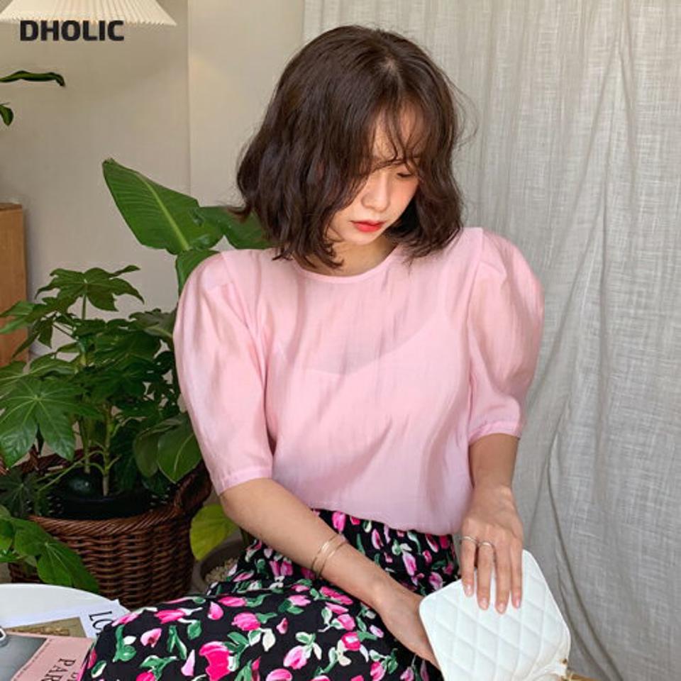 バックリボン半袖ブラウス・全3色・b64032 レディース 【bl】 トップス ブラウス 半袖 ハーフスリーブ りぼん バックリボン 単色 無地 シンプル 上品 パフ袖 パフスリーブ フェミニン 可愛い かわいい シルキー 春 夏 韓国 ファッション