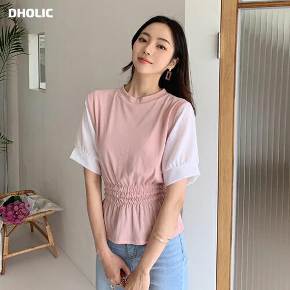 配色スリーブフレアTシャツ・全3色・t64028 レディース 【tops】 トップス Tシャツ 半袖 ハーフスリーブ フレア 配色 異素材 ウエストマーク シャーリング カジュアル 春 夏 韓国 ファッション