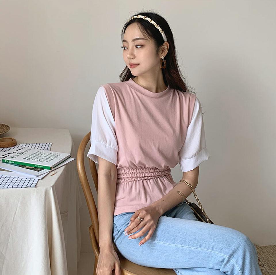 配色スリーブフレアTシャツ・全3色・t64028 レディース 【tops】 トップス Tシャツ 半袖 ハーフスリーブ フレア 配色 異素材 ウエストマーク シャーリング カジュアル 春 夏 韓国 ファッション