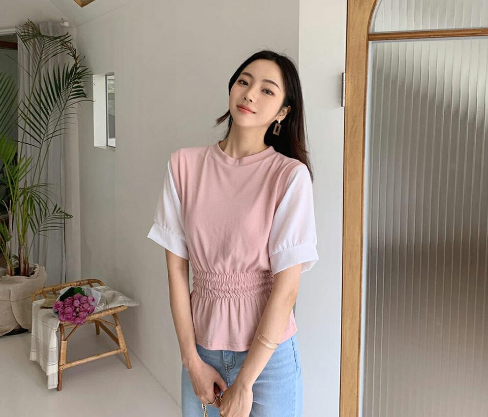 配色スリーブフレアTシャツ・全3色・t64028 レディース 【tops】 トップス Tシャツ 半袖 ハーフスリーブ フレア 配色 異素材 ウエストマーク シャーリング カジュアル 春 夏 韓国 ファッション