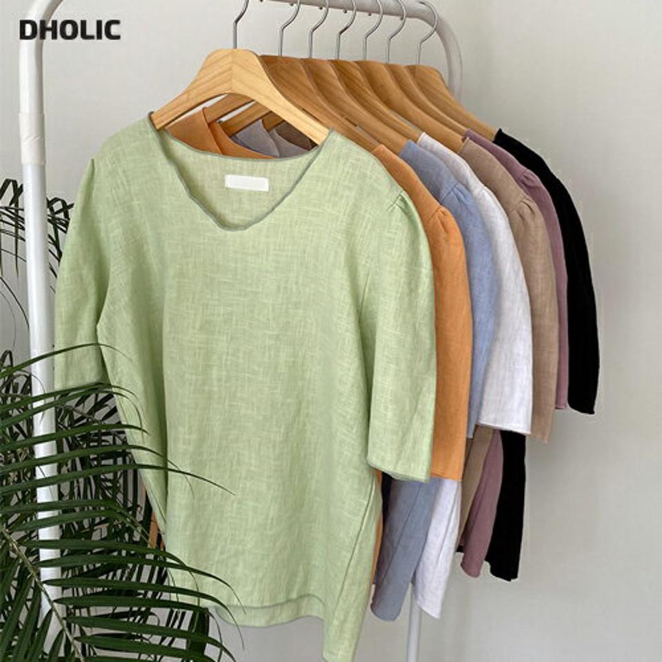 リネンウェーブブラウス・全7色・t64029 レディース 【bl】 トップス ブラウス 半袖 ハーフスリーブ リネン 単色 無地 パフ袖 パフスリーブ かわいい 可愛い 春 夏 韓国 ファッション