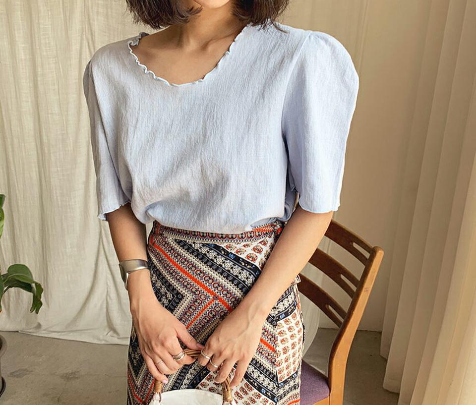 リネンウェーブブラウス・全7色・t64029 レディース 【bl】 トップス ブラウス 半袖 ハーフスリーブ リネン 単色 無地 パフ袖 パフスリーブ かわいい 可愛い 春 夏 韓国 ファッション