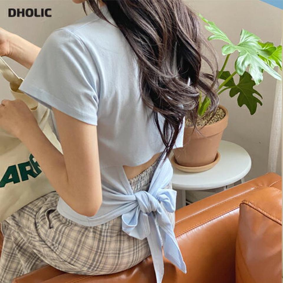【全品10%OFF】バックリボンTシャツ・全4色・t00050 レディース 【tops】【トップス Tシャツ 半袖 バックリボン 背中見せ バックシャン 単色 ユニーク かわいい カジュアル クロップド丈 ショートスリーブ 春 夏 韓国 ファッション】【NIJU】
