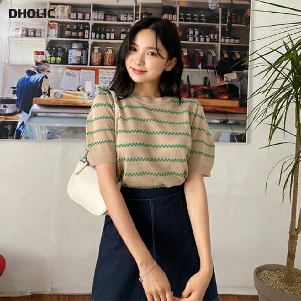 ラウンドボーダーパフニット・全3色・b00054 レディース 【tops】 トップス ニット ニットトップス 半袖 ボーダー柄 パフ袖 パフスリーブ カジュアル かわいい 春 夏 韓国 ファッション NIJU
