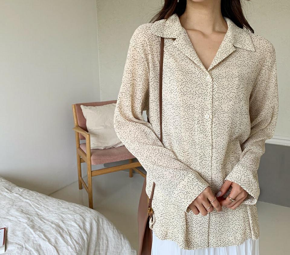 ドットプリーツシャツブラウス・全2色・b64033 レディース 【bl】【トップス ブラウス シャツブラウス 長袖 プリーツ ドット柄 小粒 大人 可愛い かわいい 春 夏 韓国 ファッション】