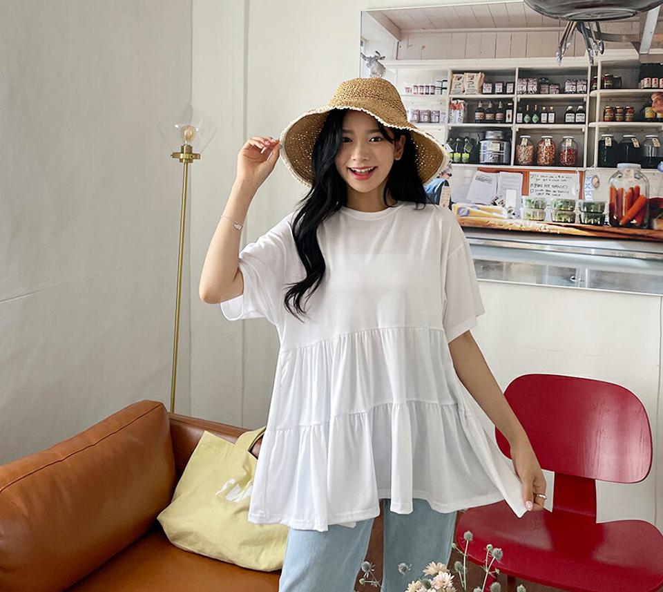 【全品10%OFF】ティアードスリーブTシャツ・全3色・b00055 レディース 【tops】【トップス Tシャツ 半袖 ハーフスリーブ ティアード 単色 無地 シンプル ガーリー 可愛い かわいい 春 夏 韓国 ファッション】【NIJU】