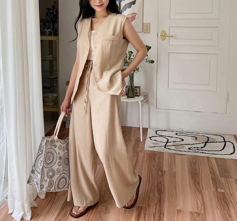 【全品10%OFF】【送料無料】リンクルボタンベスト&ワイドパンツSET・全2色・t00064 レディース 【pt】【セットアップ setup ベスト パンツ ズボン ロングパンツ ワイド リンクル 単色 シンプル カジュアル 春 夏 秋 韓国 ファッション】【NIJU】