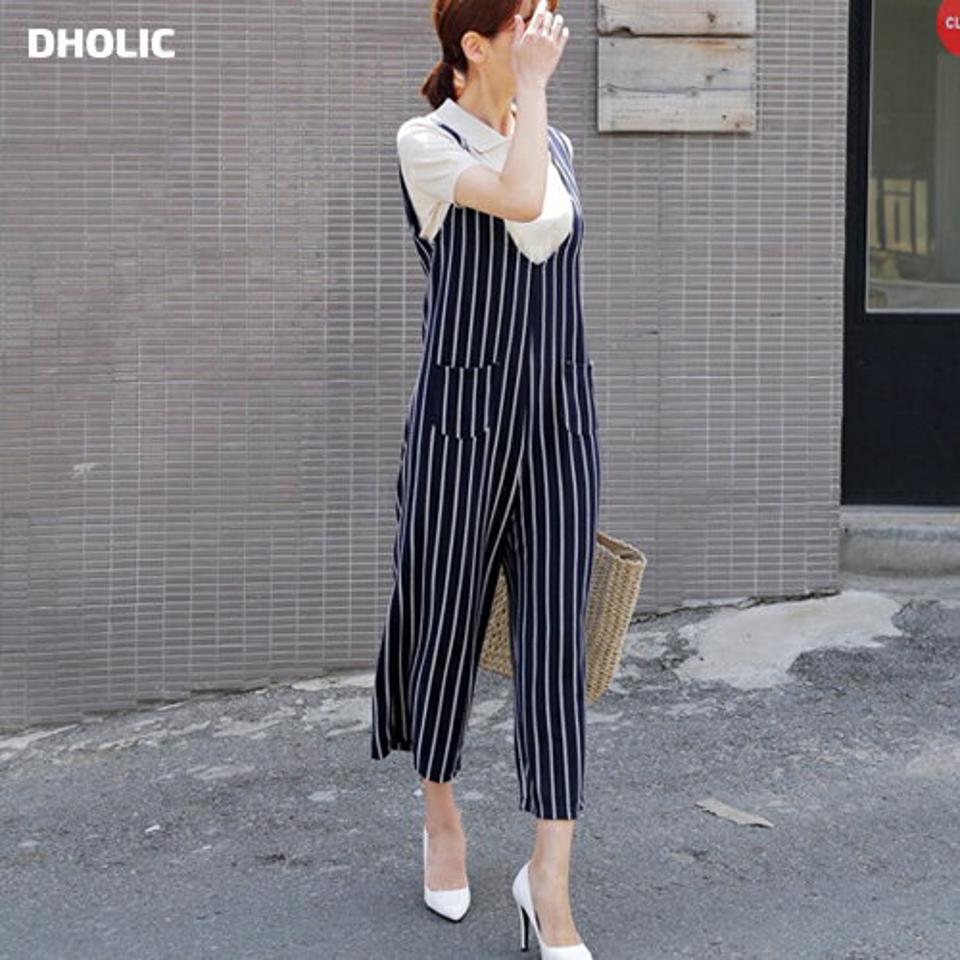 【只今10%OFF】Vネックストライプオールインワン・全2色・b48498 レディース【pt】【ジャンプスーツ ワイドパンツ ガウチョパンツ】【ハイホリHIHOLLI】