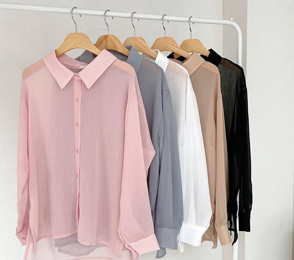 シースルーシャツブラウス・全5色・t57595 レディース 【bl】 トップス シャツブラウス ブラウス 長袖 透け感 シースルー シアー 単色 無地 シンプル カジュアル ラフ 春 夏 韓国 ファッション