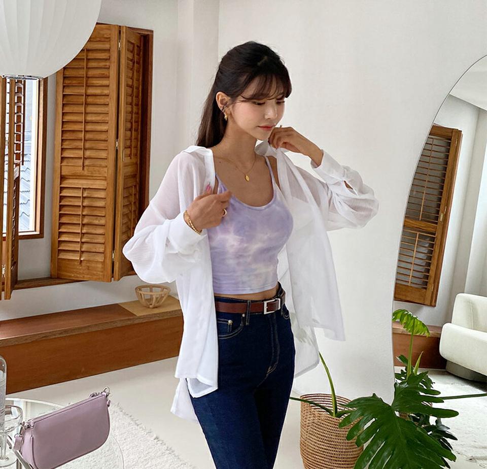 シースルーシャツブラウス・全5色・t57595 レディース 【bl】 トップス シャツブラウス ブラウス 長袖 透け感 シースルー シアー 単色 無地 シンプル カジュアル ラフ 春 夏 韓国 ファッション