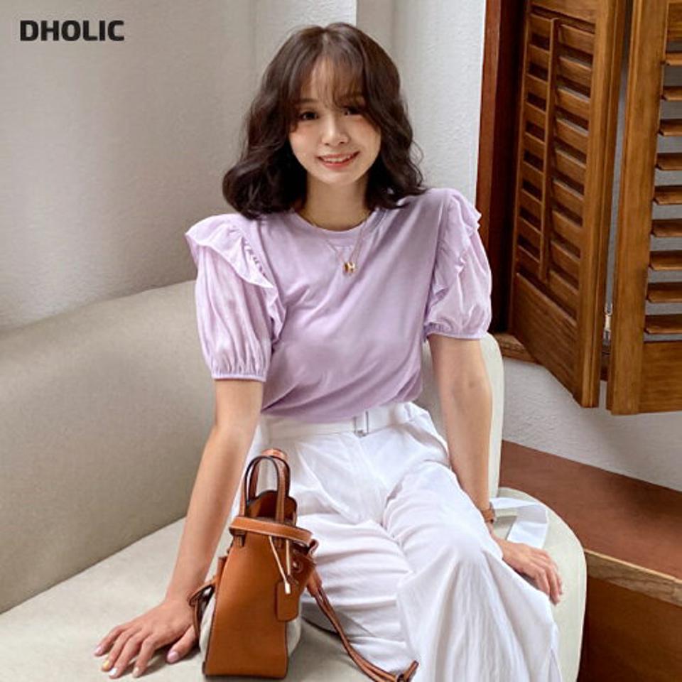 フリルパフスリーブTシャツ・全4色・t57614 レディース 【tops】 トップス Tシャツ 半袖 パフ袖 パフスリーブ フリル 袖コンシャス ガーリー 可愛い かわいい シンプル 異素材 春 夏 韓国 ファッション