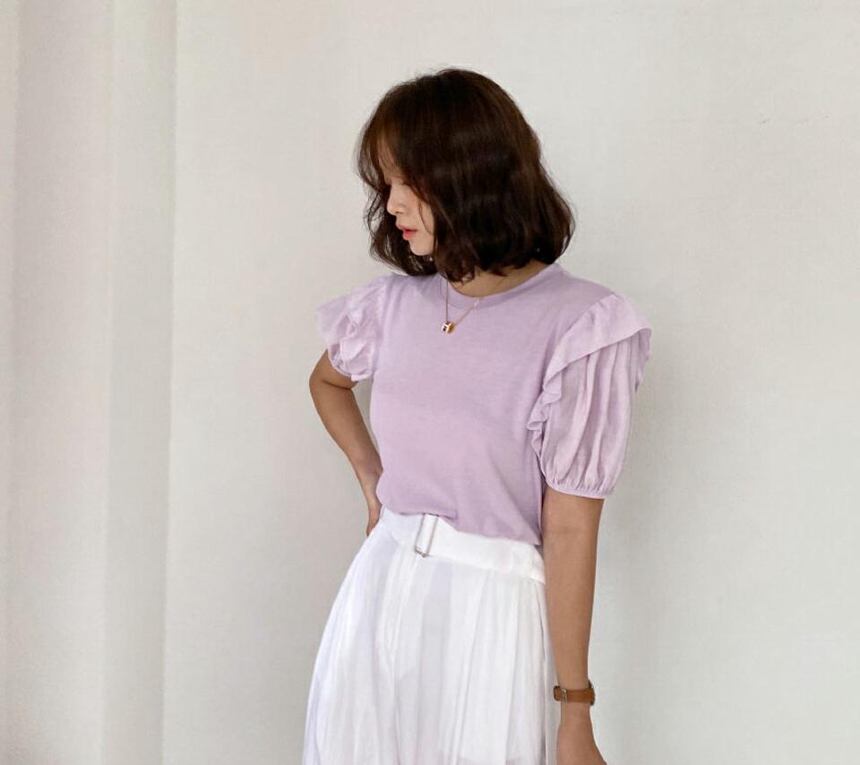 フリルパフスリーブTシャツ・全4色・t57614 レディース 【tops】 トップス Tシャツ 半袖 パフ袖 パフスリーブ フリル 袖コンシャス ガーリー 可愛い かわいい シンプル 異素材 春 夏 韓国 ファッション