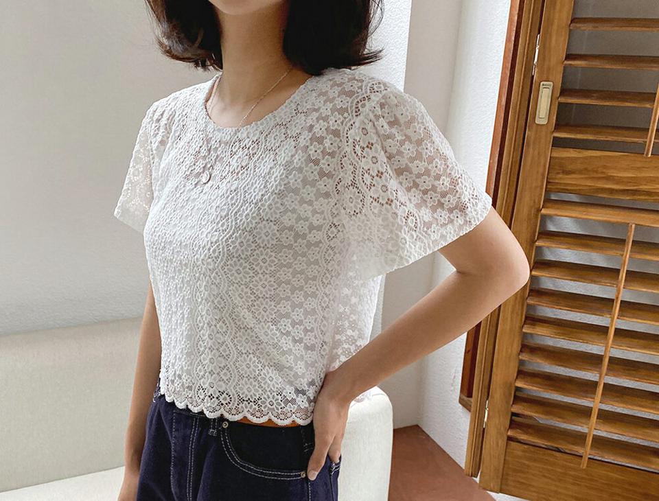 花柄レースクロップドTシャツ・全4色・t57625 レディース 【tops】 トップス Tシャツ 半袖 クロップド丈 レース 総レース 透け感 シアー シースルー 花柄 フェミニン かわいい 春 夏 韓国ファッション
