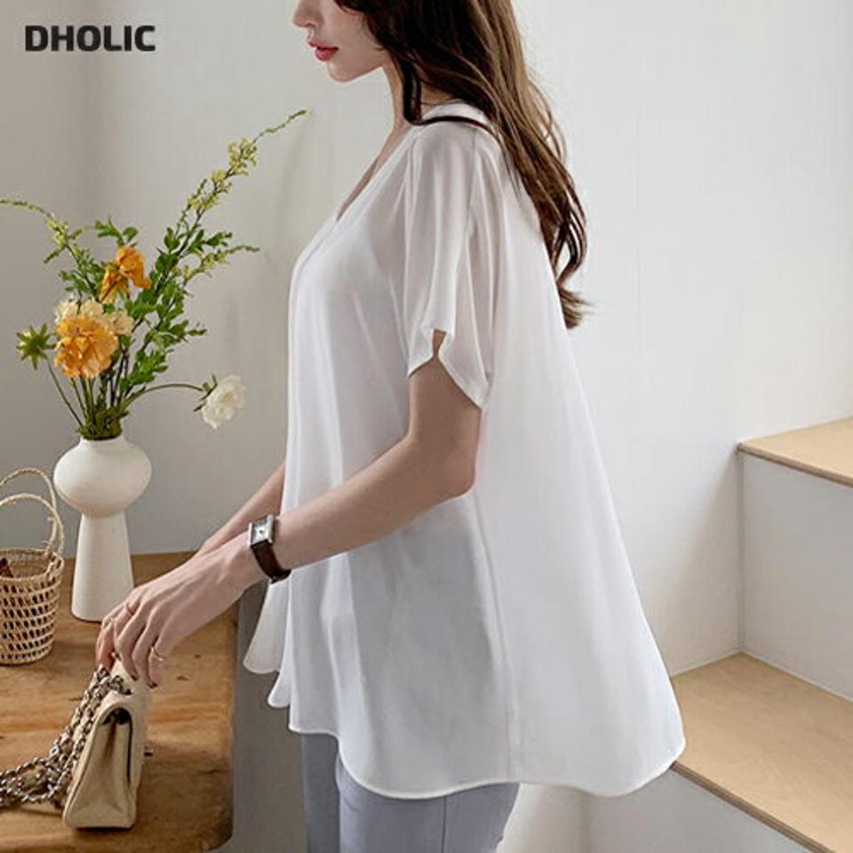 フロントタックシフォンブラウス・全2色・t00024 レディース 【bl】 韓国 ファッション トップス ブラウス 半袖 ワンタック Vネック フレア ハーフスリーブ ルーズ ゆったり 体型カバー 細身 シンプル 春 夏 ハイホリHIHOLLI