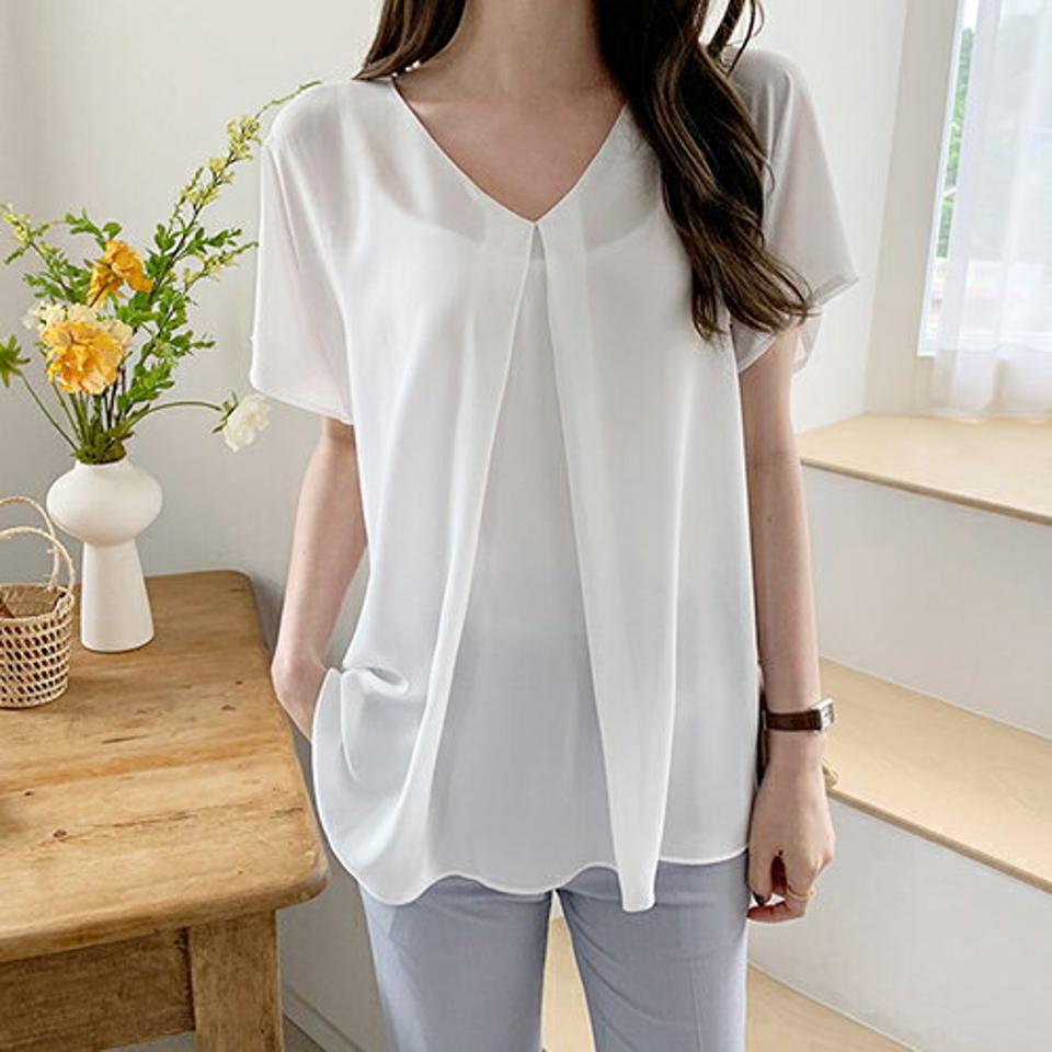 フロントタックシフォンブラウス・全2色・t00024 レディース 【bl】 韓国 ファッション トップス ブラウス 半袖 ワンタック Vネック フレア ハーフスリーブ ルーズ ゆったり 体型カバー 細身 シンプル 春 夏 ハイホリHIHOLLI