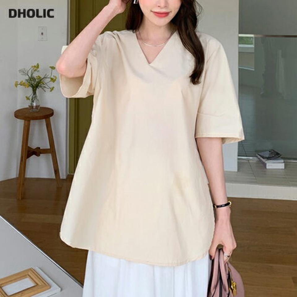 バックプリーツディテールブラウス・全3色・b00023 レディース 【bl】 韓国 ファッション トップス ブラウス 半袖 プリーツ Vネック アンバランス スリット ルーズ ゆったり 体型カバー 細身 シンプル 春 夏 ハイホリHIHOLLI