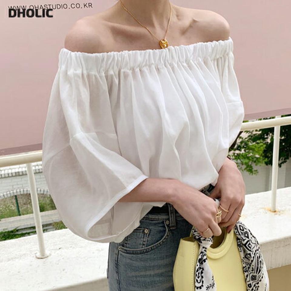 オフショルブラウス・全3色・t00014 レディース 【bl】 韓国 ファッション トップス ブラウス 長袖 オフショル ゴム ラウンドネック パフスリーブ ルーズ ゆったり 体型カバー 細身 春 夏 ハイホリHIHOLLI